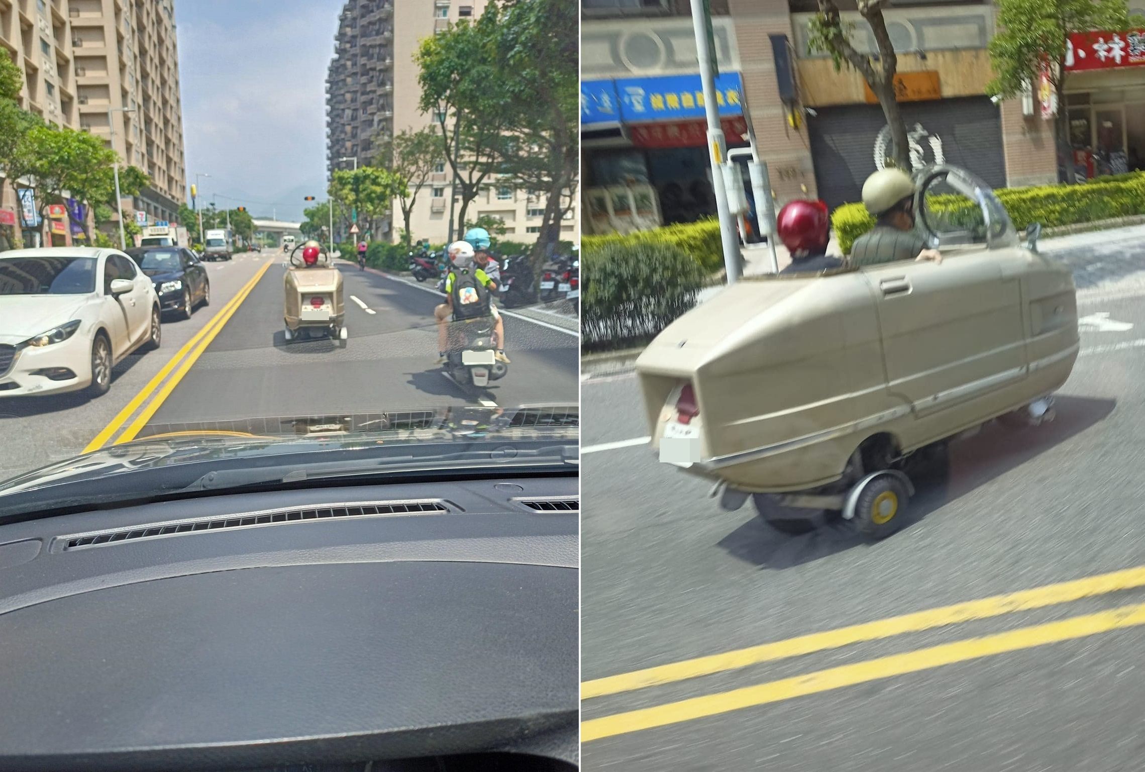 ▲有網友在淡水街頭發現一輛神奇改裝車。（圖／翻攝自Facebook／重機車友 ❘ 各區路況、天氣回報中心）