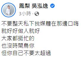 鳳梨因為連千毅一句話又爆氣。（圖／翻攝自Facebook／鳳梨吳泓逸）