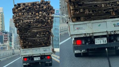前方「巨高木材貨車」後方輪胎快陣亡　東京男嚇爆：這是首都的高速公路