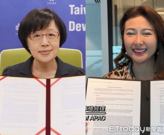 ▲貿協與全球商業人士人力平台LinkedIn簽定MOU，圖左為貿協秘書長林芳苗，右為LinkedIn APAC董事總經理Feon Ang。（圖／貿協提供）