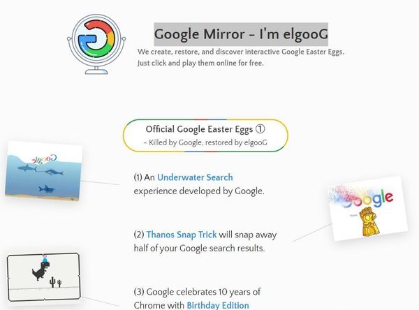 在Google瀏覽器搜尋「Google Mirror - I'm elgooG」，該網頁匯集了目前Google所有的彩蛋。（翻攝自Google瀏覽器）