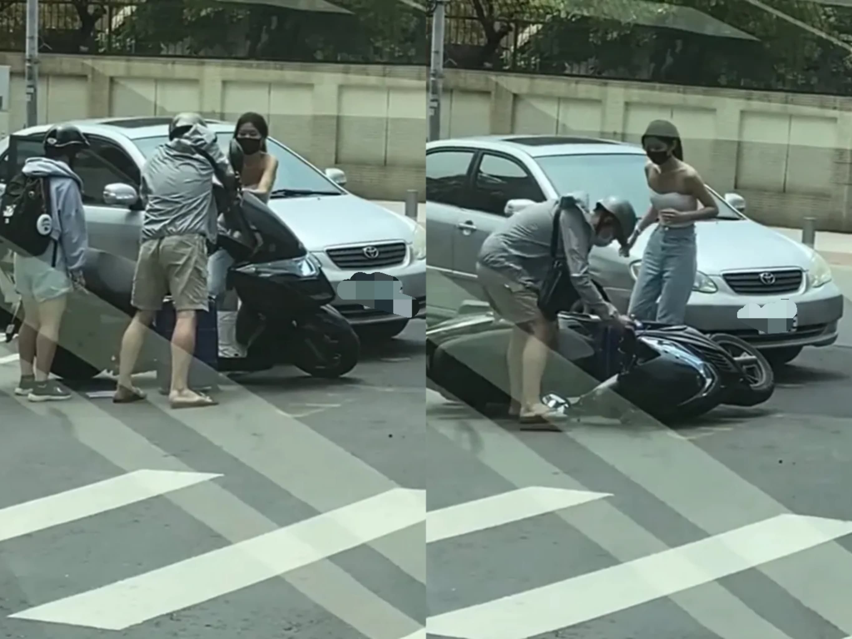 ▲一對父子騎車遭轎車撞翻，正妹駕駛急忙下車協助。（圖／翻攝自Facebook／爆廢公社）