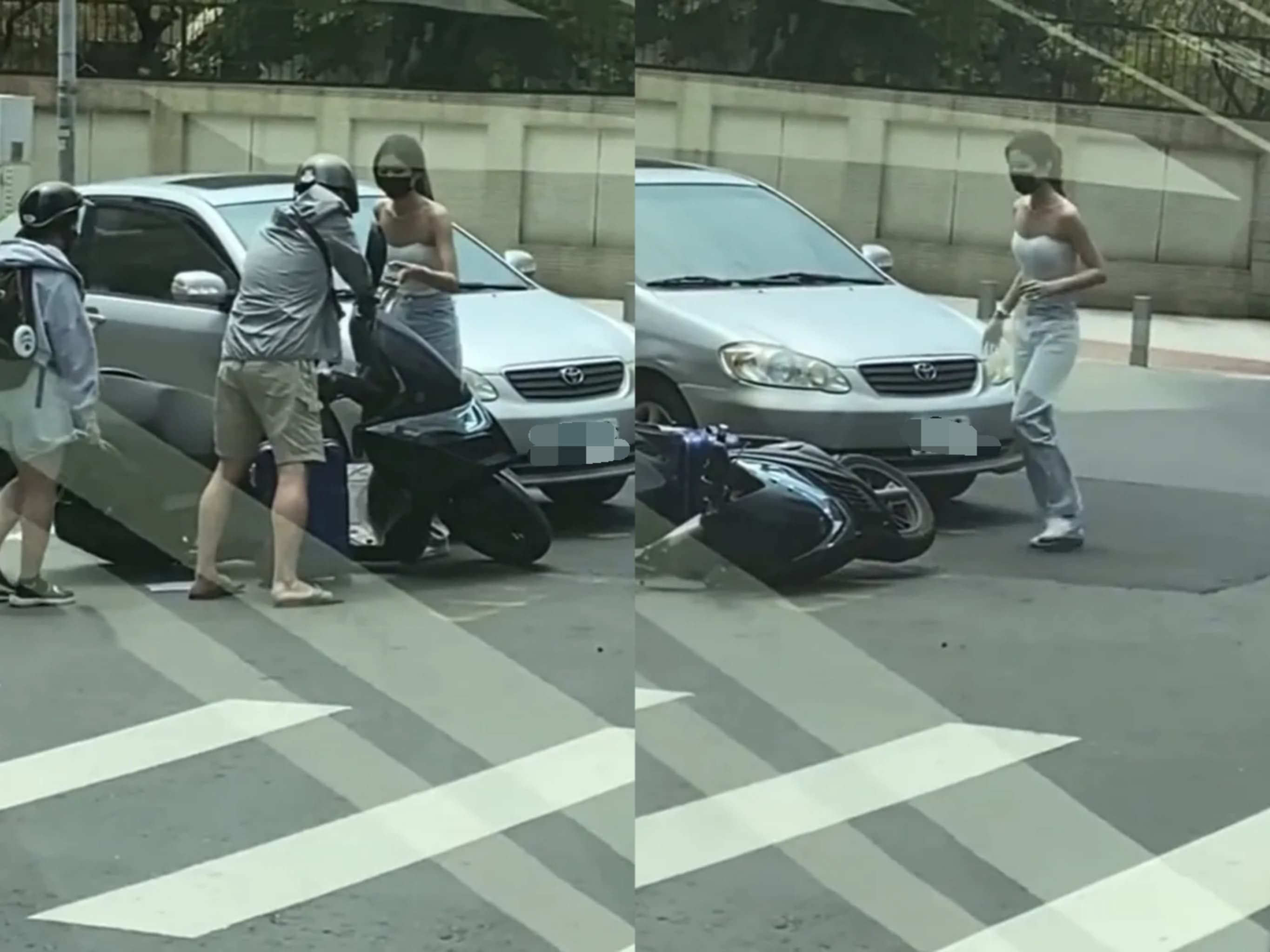 ▲一對父子騎車遭轎車撞翻，正妹駕駛急忙下車協助。（圖／翻攝自Facebook／爆廢公社）