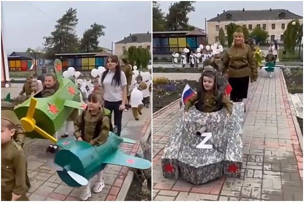 ▲▼俄羅斯幼稚園小朋友打扮成Z字坦克遊行 。（圖／翻攝推特@aliev_aliev）