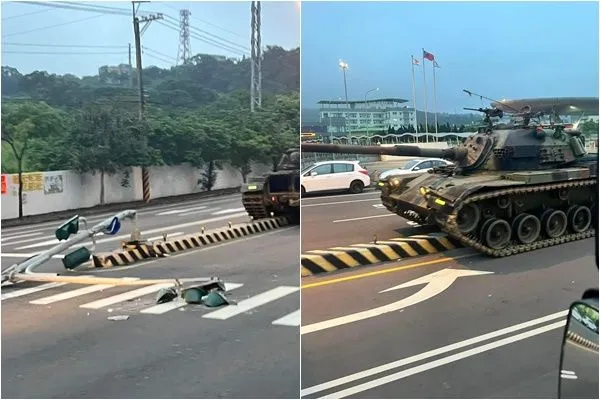 ▲▼陸軍584旅裝甲兵迴轉不慎，將整台戰車騎上安全島，撞斷電線桿。（圖／翻攝自爆廢公社）