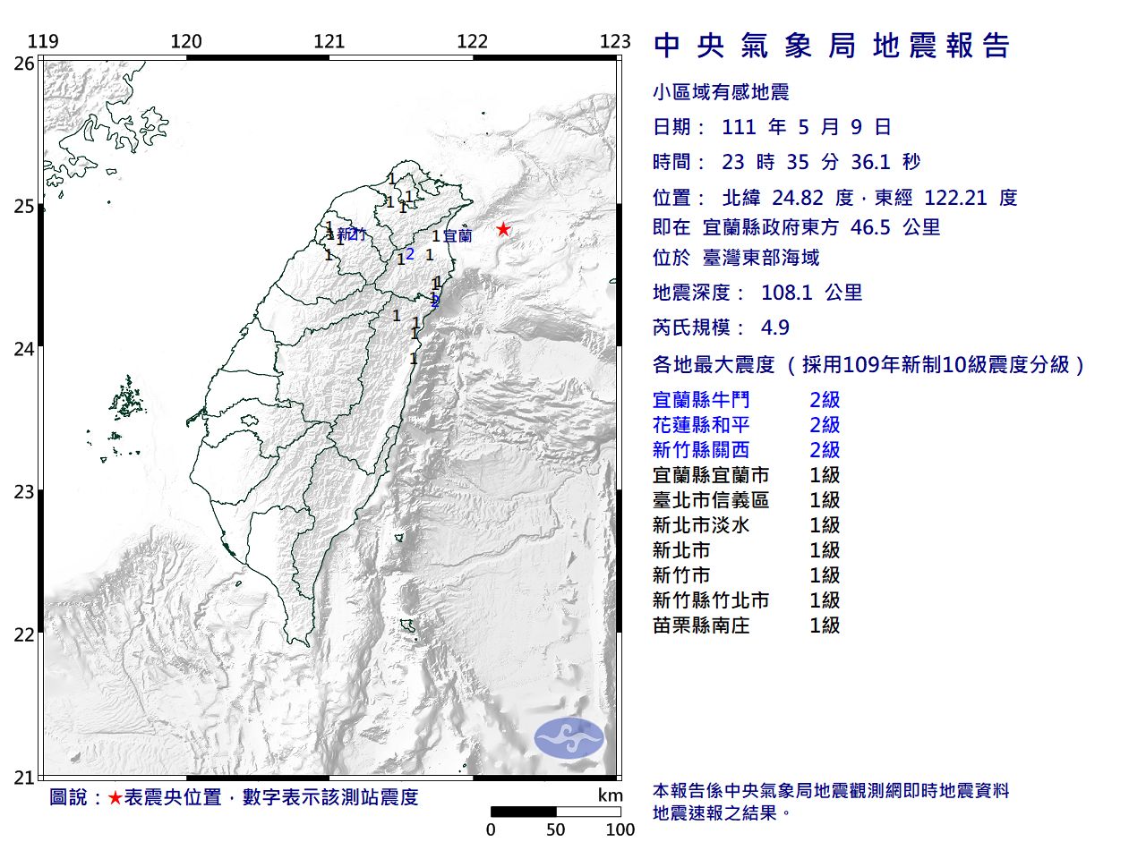 快訊／東部外海23：35發生規模4.9地震　最大震度2級