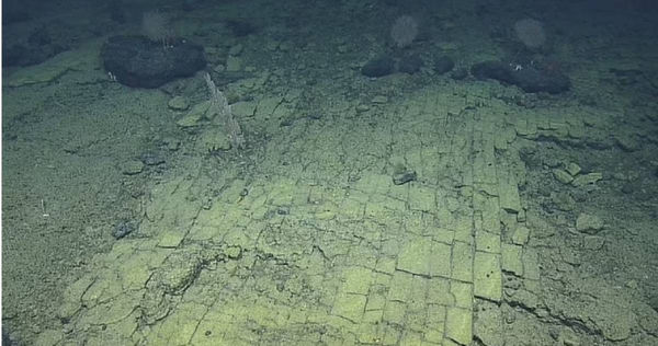 一條疑似由人造石磚組成的道路出現在夏威夷海底。（圖／翻攝自YouTube）