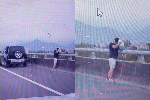 ▲▼有一名男子因不明緣故將車停放在路肩，更將孩子抱起讓孩子坐在國道護欄上，被後方路過駕駛驚見嚇傻。（圖／翻攝自爆怨公社）