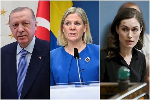 ▲▼左起為土耳其總統艾爾段（Recep Tayyip Erdogan）、瑞典總理安德森（Magdalena Andersson）與芬蘭總理馬林（Sanna Marin）。（組圖／路透）