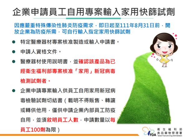 食藥署開放「企業申請員工自用專案輸入快篩試劑」。（圖／翻攝自台北市進出口商業同業公會網站）