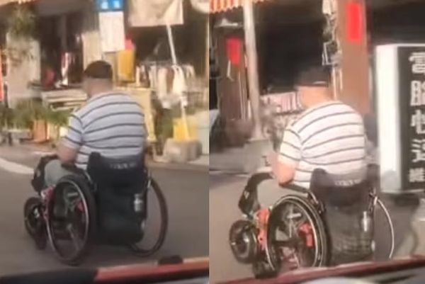 有網友表示他被一名坐著電動輪椅的阿北超車，並錄下影片為證。（翻攝自爆廢公社二館）