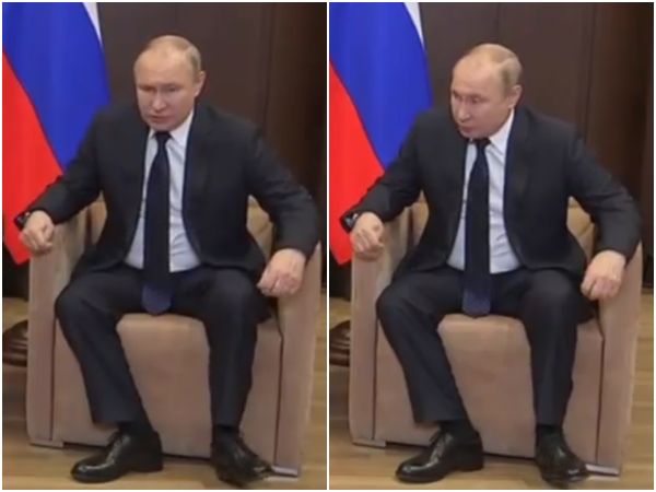 ▲▼俄羅斯總統普丁被拍到彎腰駝背，手部疑似抽搐的畫面。（圖／翻攝自YouTube）