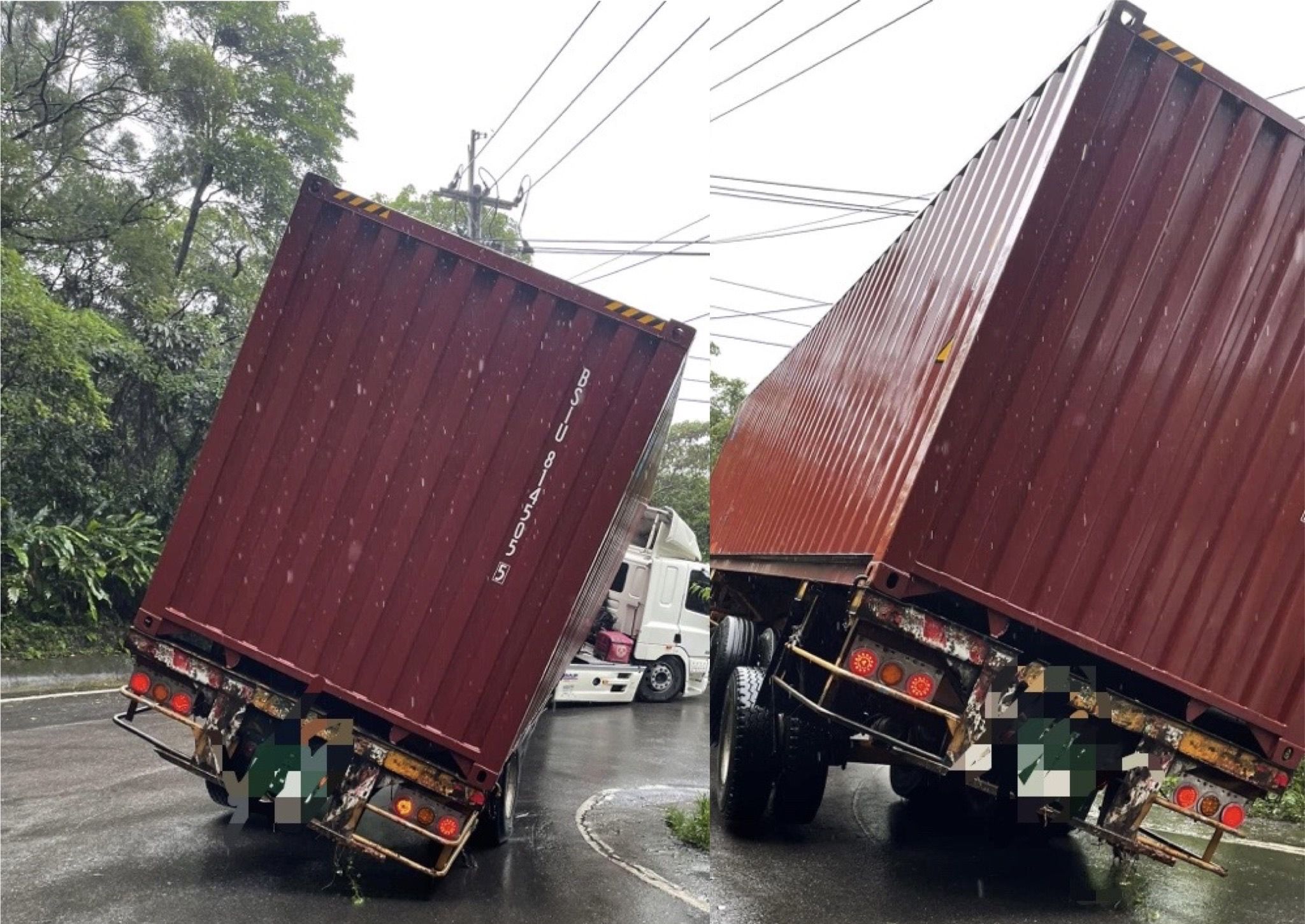 ▲▼   0525貨櫃車傾斜。（圖／翻攝自林口大家庭）