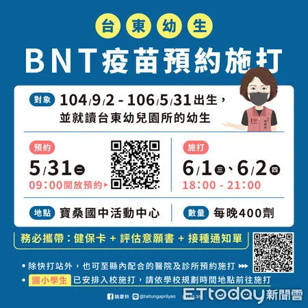 ▲縣府6月1日連續2天在寶桑國中活動中心開設幼童BNT快打站。（圖／記者楊漢聲翻攝）