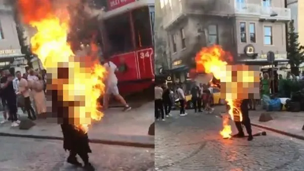 男街頭突然自焚被恐怖大火吞噬　「路人全在拍照」冷漠片瘋傳。（圖／翻攝自Twitter）