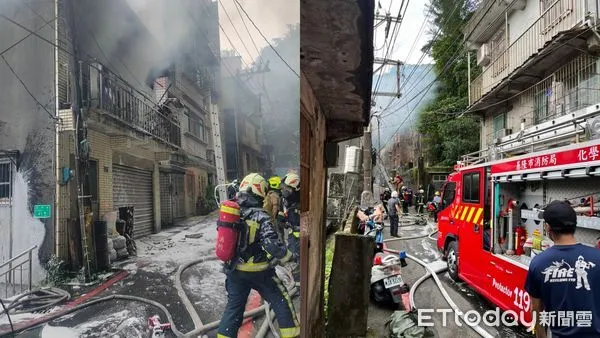 ▲基隆2F民宅火警「濃煙竄天」 消防員拉水線急灌救。（圖／記者郭世賢翻攝）