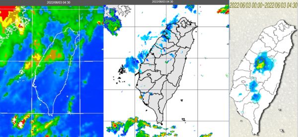 ▲▼今(3)日4：30紅外線色調強化雲圖顯示，台灣上空僅有一些消散中的中高雲(左圖)。 4：30雷達回波合成圖顯示，西南部有零星回波(中圖)；4：30累積雨量圖顯示，中南部山區有降雨、西南部平地零星雨(右圖)。（圖／翻攝三立準氣象· 老大洩天機）