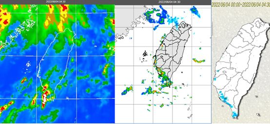 ▲▼今(4)日4：30紅外線色調強化雲圖顯示，台灣上空有一些消散中的中高雲，西南部有零星對流雲(左圖)。 4：30雷達回波合成圖顯示，西南部有降水回波(中圖)；4：30累積雨量圖顯示，西南部沿海局部降雨(右圖)。（圖／翻攝三立準氣象· 老大洩天機）
