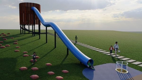 ▲「河雙21河濱公園遊戲場」預計12月底完工，最大亮點是7公尺高的溜滑梯。（圖／北市水利處提供）