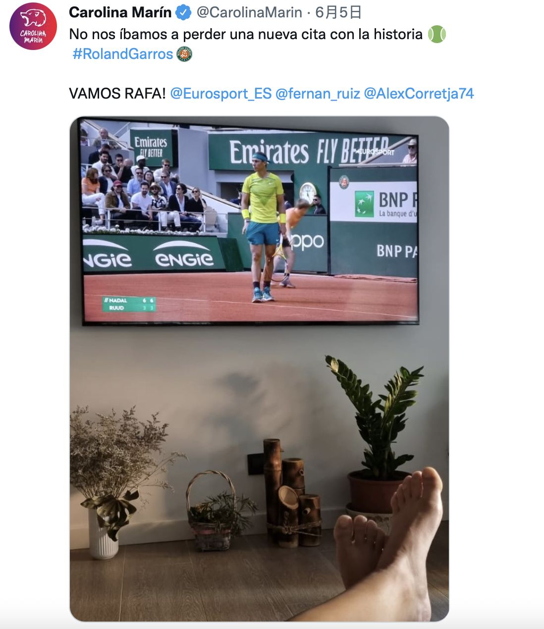 ▲▼ 前球后馬琳看納達爾法網冠軍戰            。（圖／翻攝自 @CarolinaMarin twitter）