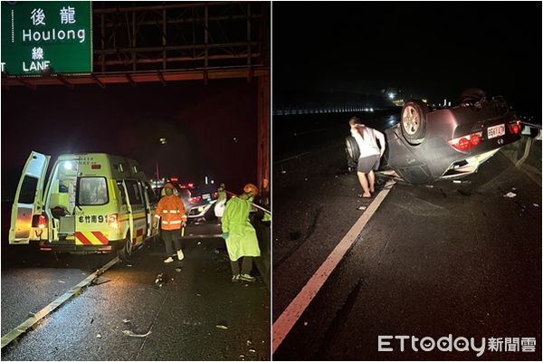 ▲▼大雨害翻車？駕駛自行脫困送醫。（圖／記者蔡文淵翻攝）