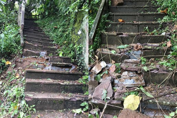 ▲▼宜蘭縣頭城鎮龜山島401高地步道遭落石砸毀約10公尺長步道與護欄（紅圈處）。（圖／許源豊提供，下同）