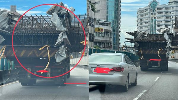 ▲貨物載鋼材沒綁好，還過寬占到另一車道。（圖／翻攝自FACEBOOK／狄志為）