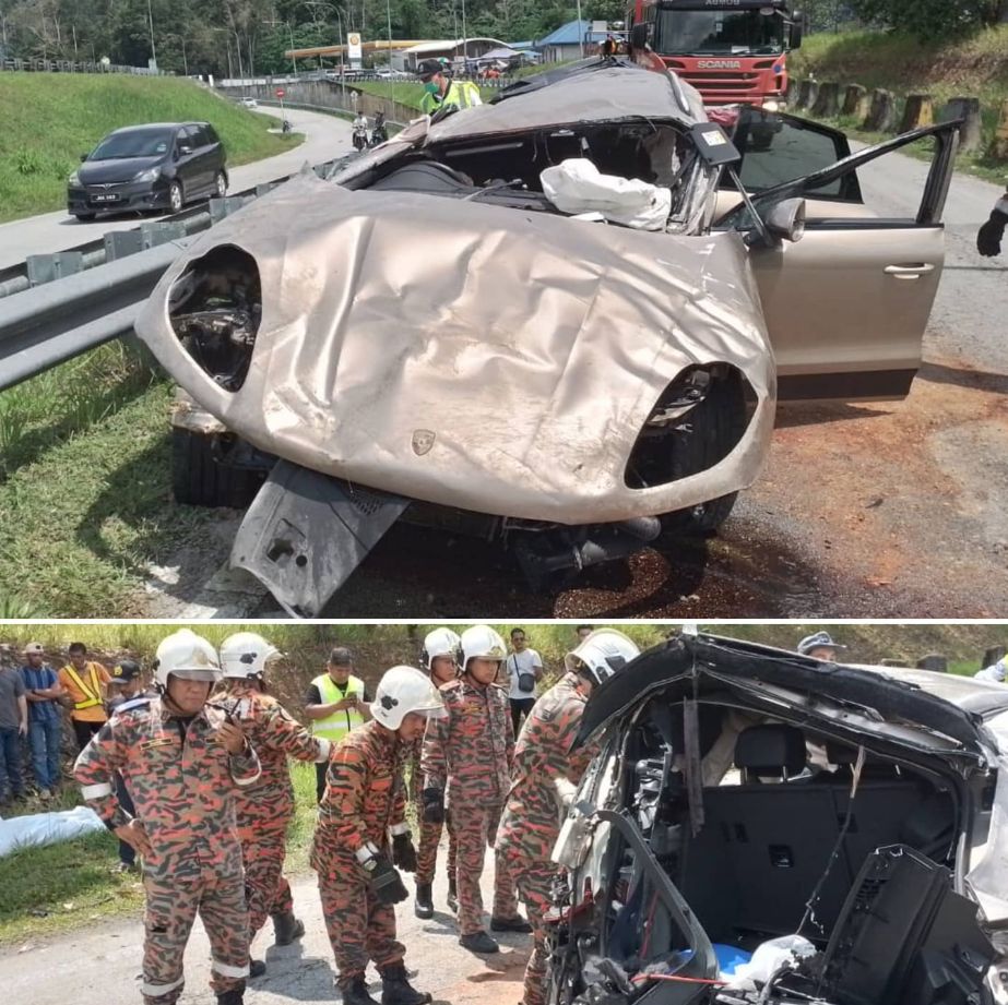 ▲▼馬來西亞有「亡靈公路」之稱的加叻大道 （Karak Highway），11日發生一起嚴重交通事故，一輛保時捷失控撞毀，華裔司機當場斃命。。（圖／翻攝臉書「南洋商報 東海岸」）