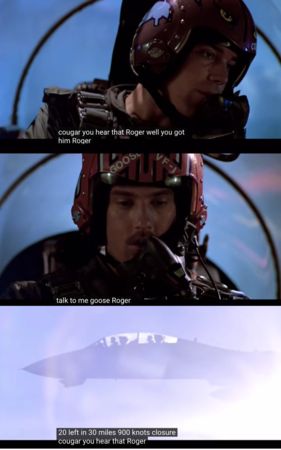 《捍衛戰士》空戰場面中，常見阿湯哥與飛行員喊叫「Roger」。（翻攝自DB電影片段頻道）