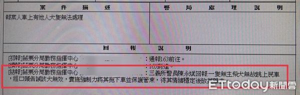 ▲▼柴犬跳上遊客的車不肯下車，車主打110求助。（圖／苗栗警分局提供）