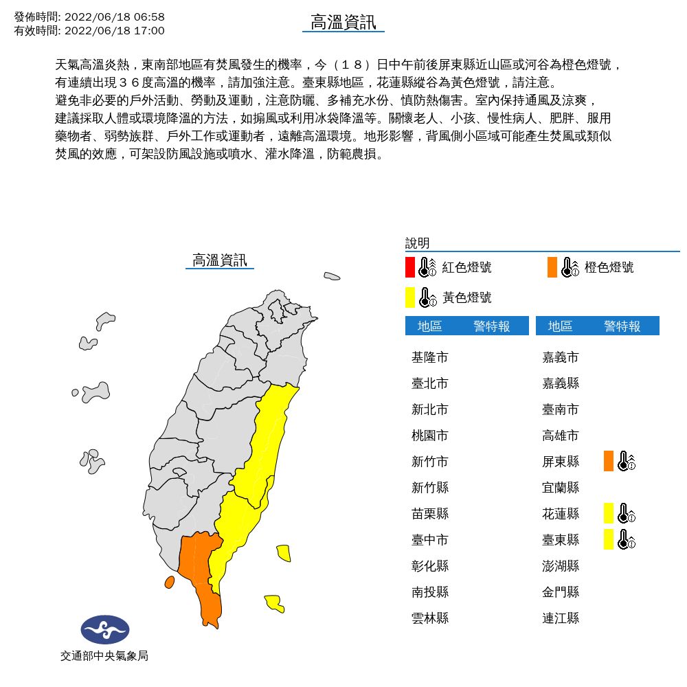 ▲▼氣象局發布高溫燈號。（圖／氣象局提供）