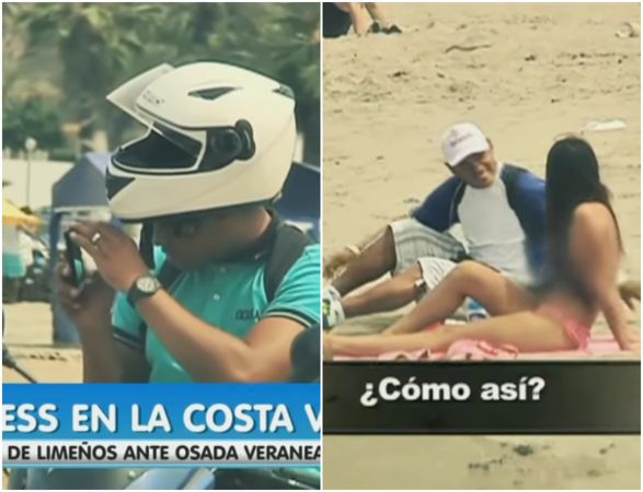 ▲▼秘魯一家電視台找來女子在沙灘上裸半身，觀察路人反應。（圖／翻攝自YouTube）