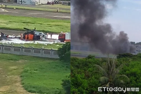 海軍直升機S-70C墜毀冒出濃濃黑煙。（合成圖／蕭先生授權提供、民眾提供）
