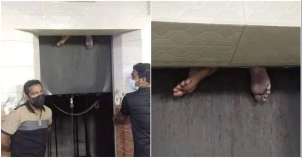 ▲▼馬來西亞男子險些被故障電梯夾斷腳，監視器畫面相當驚悚。（圖／翻攝自Facebook／Kelab Info Malaysia）