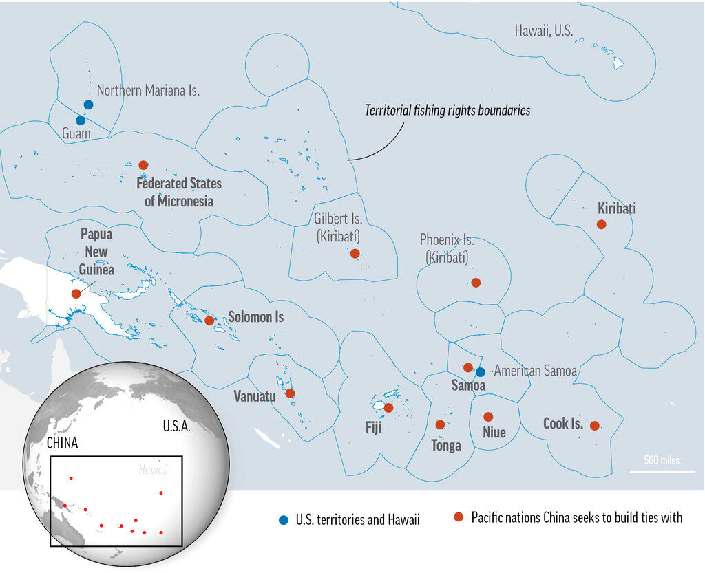 ღ▼中國試圖與許多太平洋國家建立聯繫，美聯社就整理出一張地圖，紅色圓點為中國尋求戰略關係的目標，美國領土則為藍色圓點及上方未標示的夏威夷。（Picture /達志影像／美聯社）