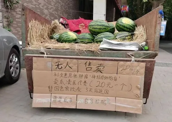 ▲▼為罹癌孫女擺「無人西瓜攤」　70歲爺爺「6天籌到50萬元醫藥費」。（圖／翻攝微博）