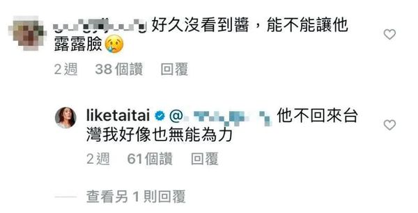 理科太太在回覆網友的留言中，埋怨前夫不願意回來台灣。（翻攝自理科太太IG）