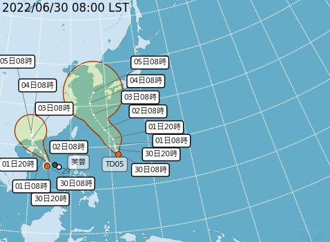 ▲今年第3號颱風「芙蓉」生成，圖為路徑潛勢預報。（圖／氣象局提供）