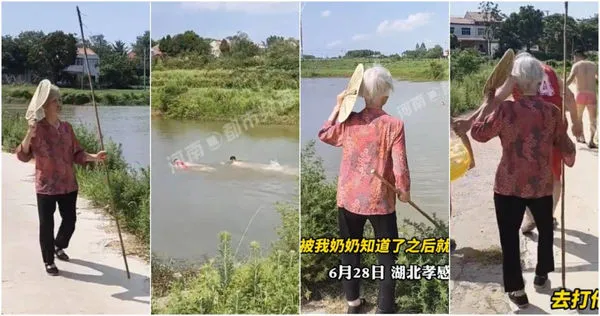 50多歲兄弟檔下河野泳被奶奶拿棍追打　影片曝光被讚「好羨慕」