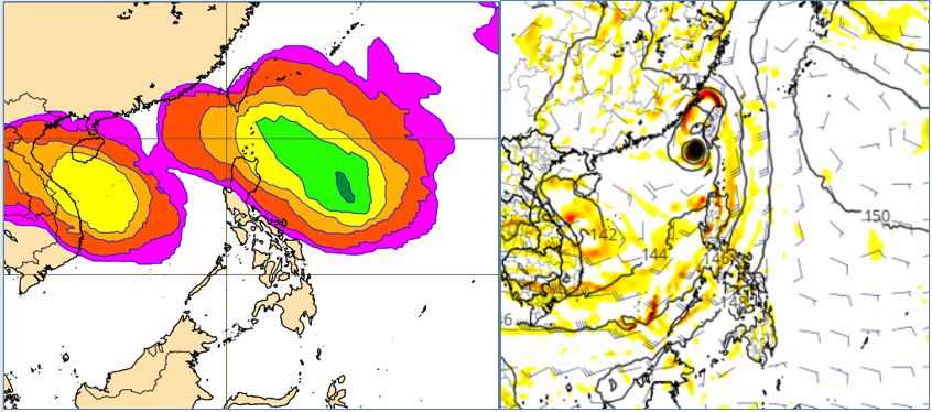 ▲▼最新(7日20時)歐洲(ECMWF)系集模式模擬圖顯示，下週三(13日)20時模擬機率已分別達60%及40%(左圖)。美國(GFS)模式同時的模擬圖則顯示，右側「熱帶擾動」已進入巴士海峽，另一個則在南海(右圖)。。（圖／翻攝三立準氣象· 老大洩天機）