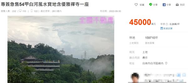 ▲▼位於台南白河郊區一處禪寺，近期開價4.5億元求售。（圖／翻攝自《591房屋交易網》）