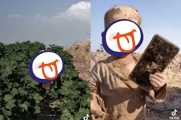 ▲▼男童滿身泥巴從草叢中走出，遠看就像一具活體兵馬俑。（圖／翻攝自Facebook／爆廢公社公開版）