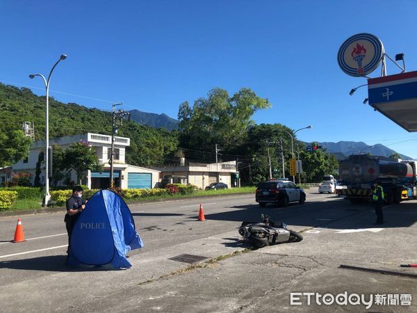 ▲▼女騎士與油罐車擦撞後倒地遭油罐車輾過頭部當場死亡。（圖／吉安警方分局提供，下同）