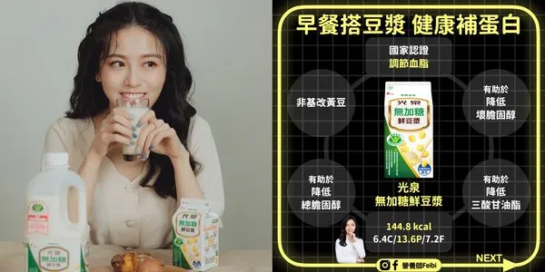 ▲▼光泉豆漿,蛋白質,營養師Feibi,光泉無加糖豆漿,光泉高鈣鮮豆漿,光泉燕麥高纖無糖鮮豆漿,健康認證。（圖／光泉提供）