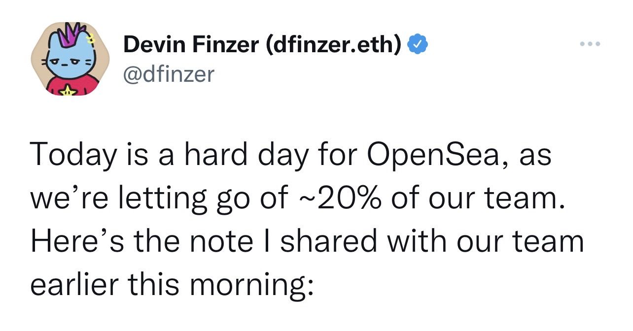 ▲▼全球最大NFT市集OpenSea宣布將裁員2成。（圖／翻攝自Devin Finzer推特）