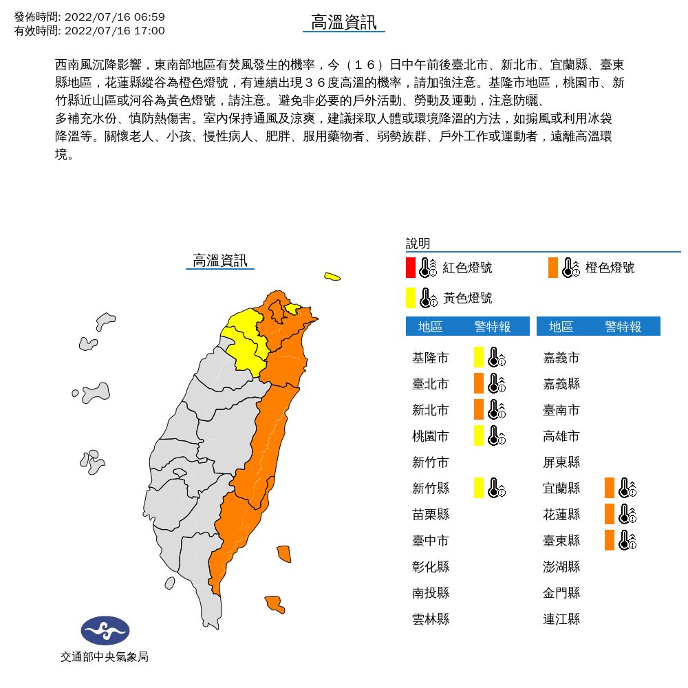 ▲▼氣象局對8縣市發布高溫燈號。（圖／氣象局提供）