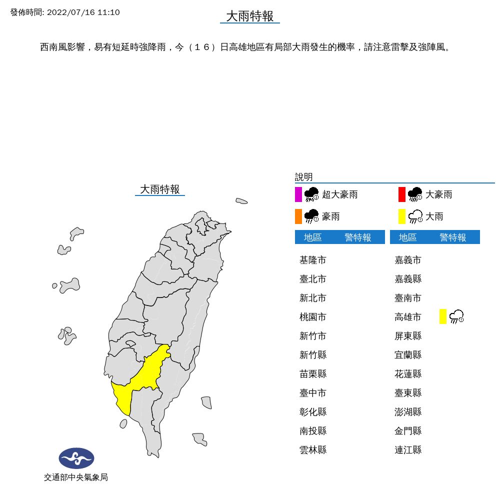 ▲▼ 氣象局對高雄市發布大雨特報。（圖／氣象局提供）