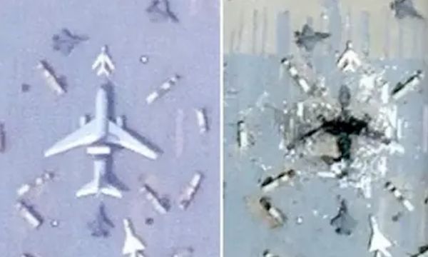 ▲▼今年5月大陸新疆沙漠被拍到一架類似日本預警機「E-767」模型（左)，但7月空照顯示已遭毀損(右)。(圖／翻攝 美國星球實驗室公司推特）