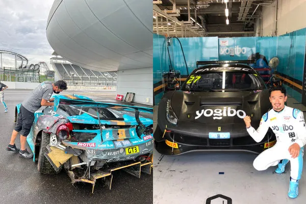 ▲▼日本Yogibo車隊選手橫溝直輝在比賽中將法拉利488 GT3 EVO超跑撞壞，好友前澤有作立刻出借同款愛車力挺。（圖／翻攝自推特）