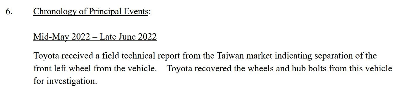 ▲TOYOTA電動車bZ4X首例輪轂瑕疵在台灣　提交美政府報告揭時間軸。（圖／翻攝自NHTSA）